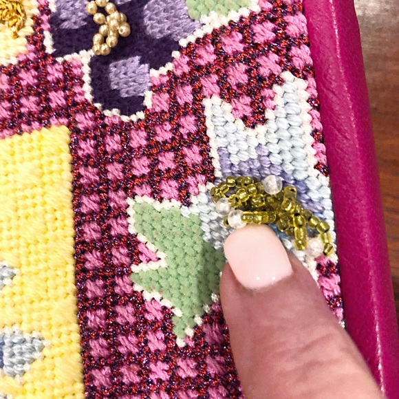 Floral Hot Pink Needlepoint Tote/Shoulder Bag with Beaded Handle, Suede Lining - Picture 7 of 11